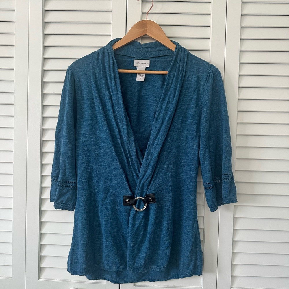 Teal Knit Sweater with Crochet Silver Tone Ring Details
